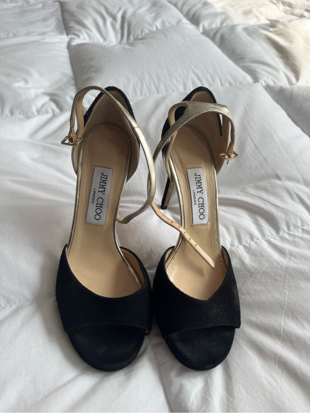 Jimmy Choo Black Suede Heels with Gold Ankle Straps